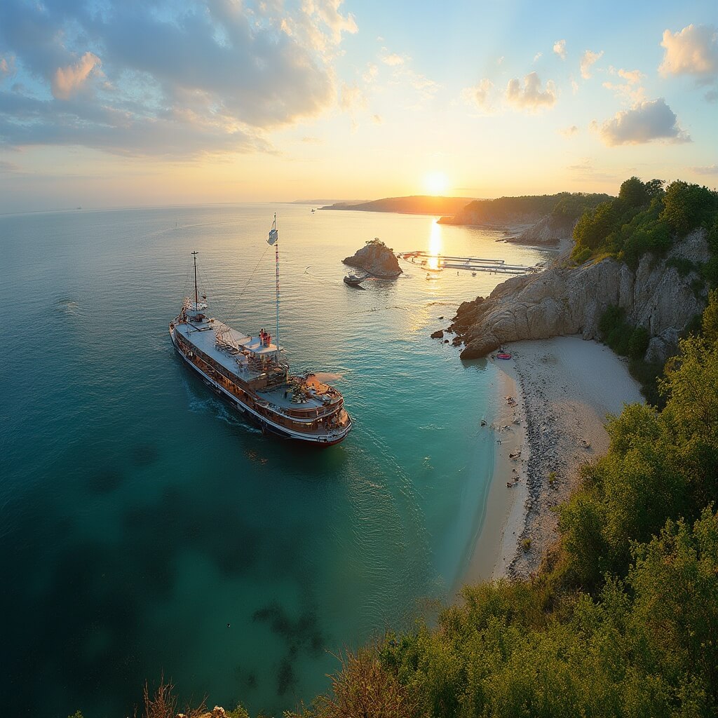Wooden ferry approaching the dock during golden hour at Put-in-Bay island with Lake Erie's clear waters, limestone cliffs, lush shoreline vegetation, and boats scattered in the harbor
