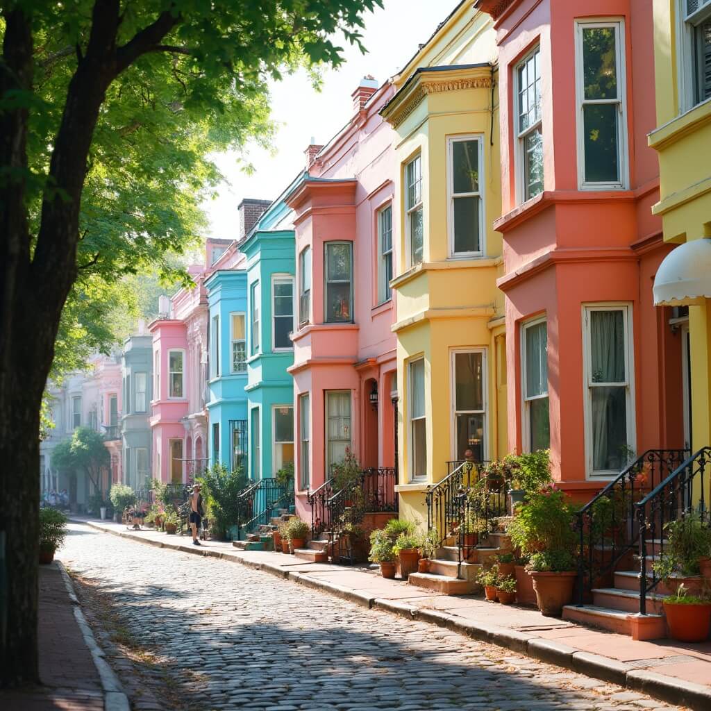 Morning light over pastel Georgian-style houses at Rainbow Row with cobblestone street and green foliage
