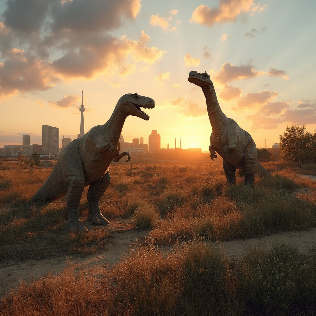 Dinosaur statues at Dinosaur Park against a golden sunset with the Rapid City skyline in the background