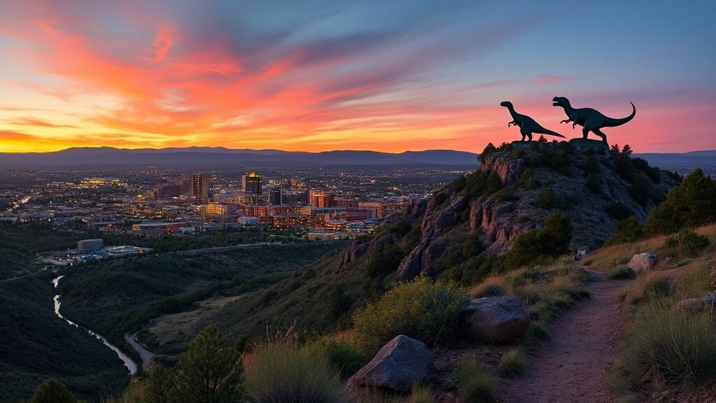 "Sunset over Rapid City with cement dinosaur silhouettes of Dinosaur Park, city lights, hiking trails, Rapid Creek, and M-Hill's trail network, against the backdrop of the illuminated Black Hills."