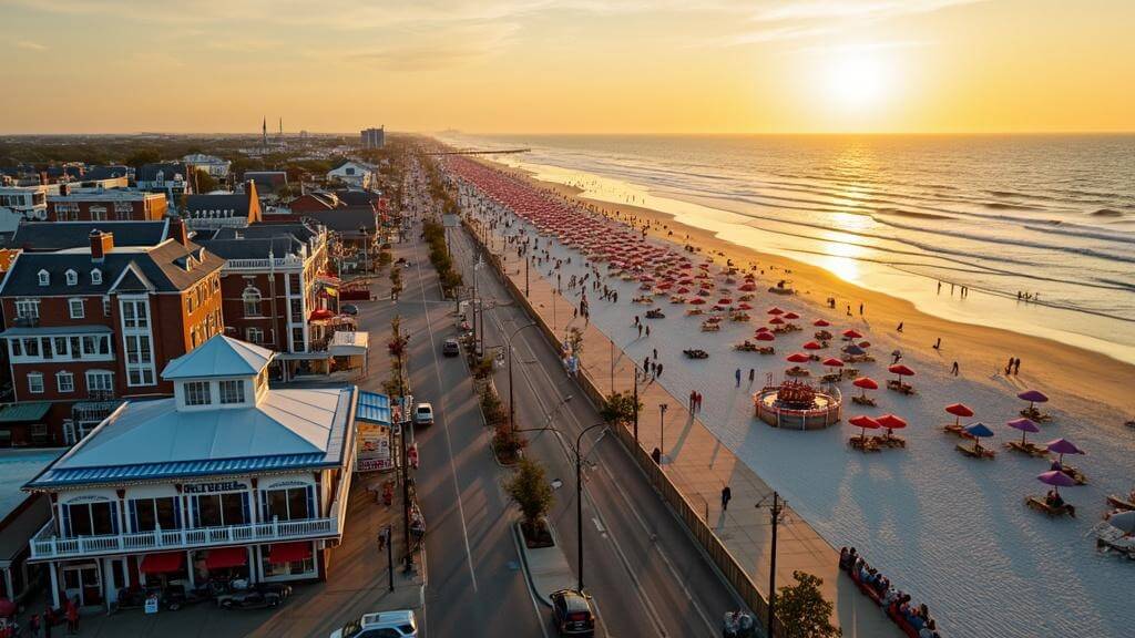 "Aerial sunset view of Rehoboth Beach, featuring the busy boardwalk, amusement rides, colorful umbrellas, boutique shops, and Delaware Seashore State Park"