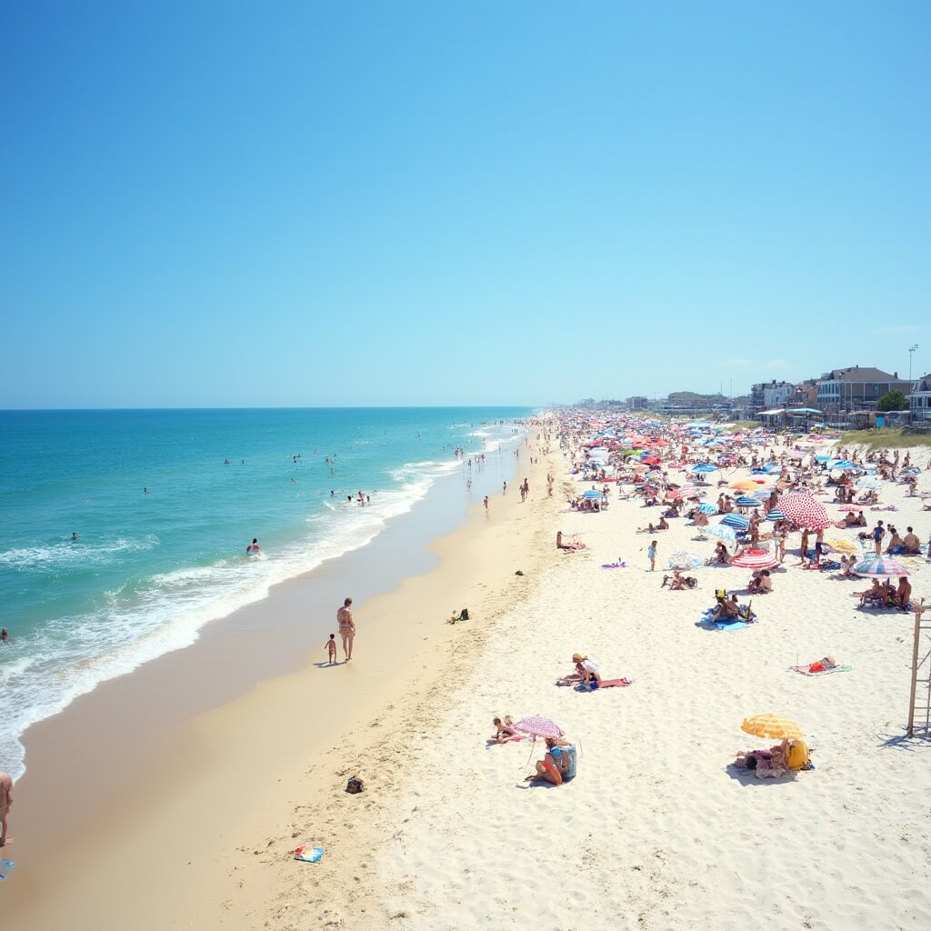 Panoramic view of Rehoboth Beach with families and sunbathers, crystal clear blue water, white sands and colorful umbrellas on a sunny summer day