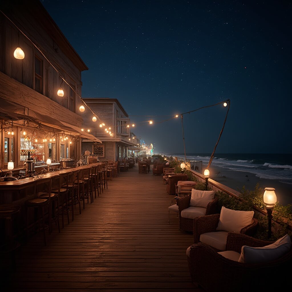 Atmospheric night photo of a historic Rehoboth Beach rooftop bar with hanging string lights, lounge seating and view of illuminated boardwalk and ocean horizon, under a starry sky