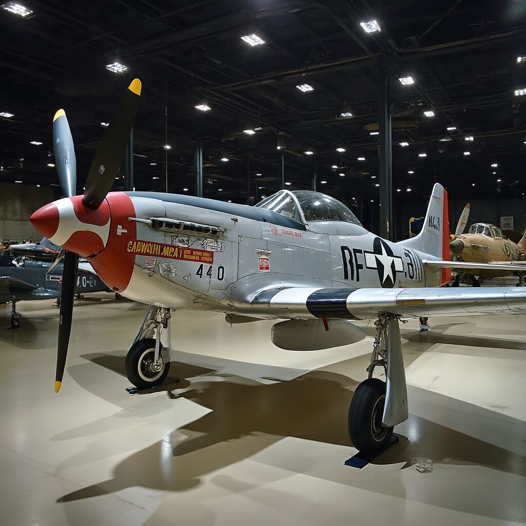 Restored vintage World War II P-51 Mustang fighter aircraft in a hangar, surrounded by other historical planes and period-specific maintenance equipment.