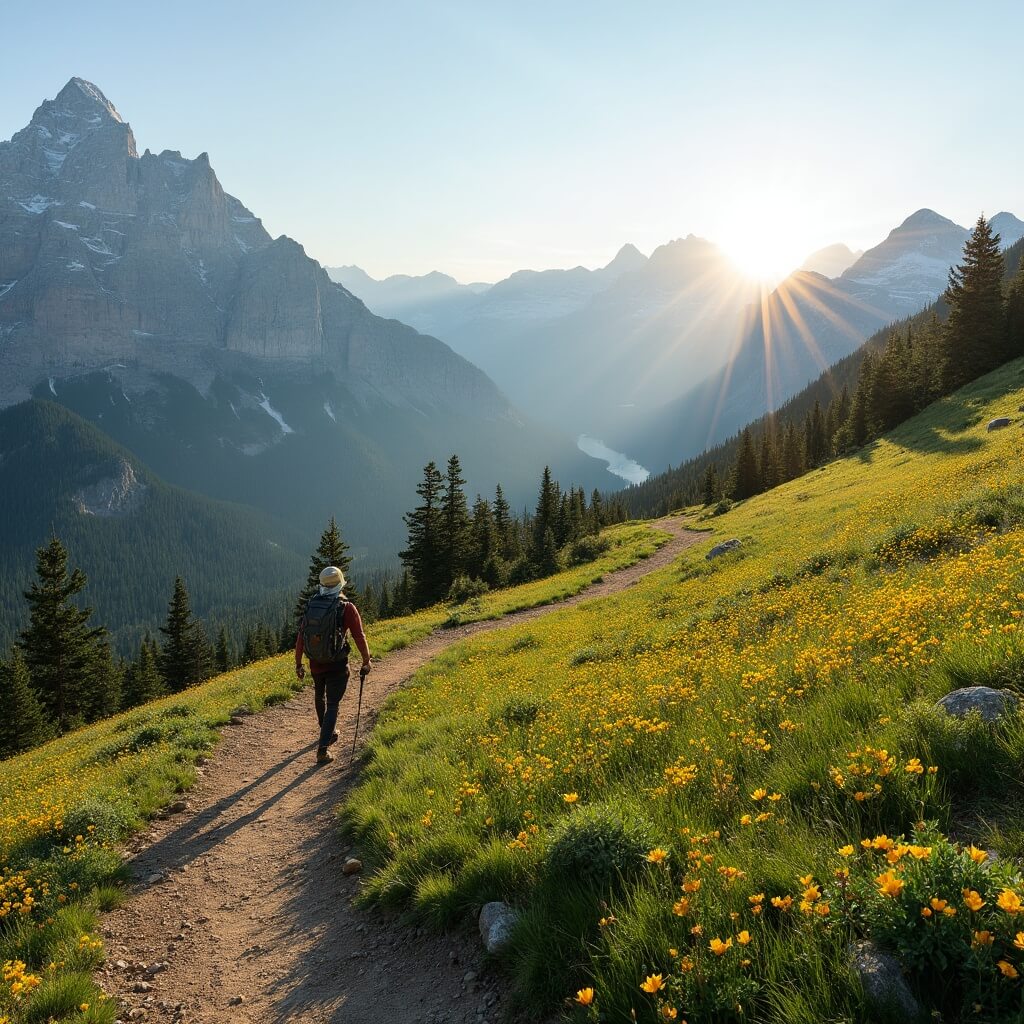 Hiker on vibrant trail in Rocky Mountain National Park with panoramic view of wildflower meadows and sunlit mountain peaks