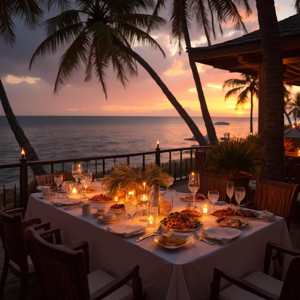 Romantic sunset dinner on a waterfront terrace with elegant table settings, candlelight, seafood platters, swaying palm trees and reflection of orange and purple sky on calm waters.