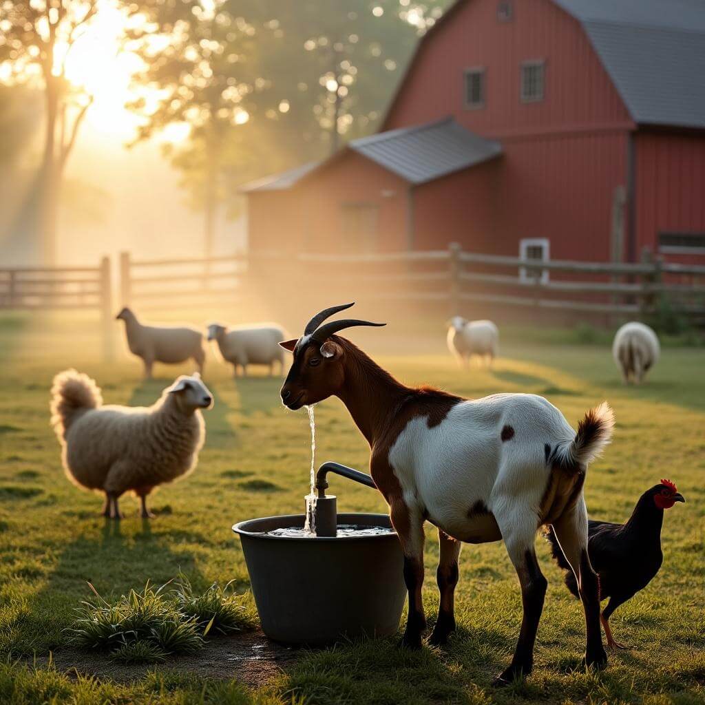 Gentle brown and white spotted goat being hand-milked on traditional farm with rustic red barn, free-roaming chickens and sheep, and warm golden sunlight filtering through morning mist