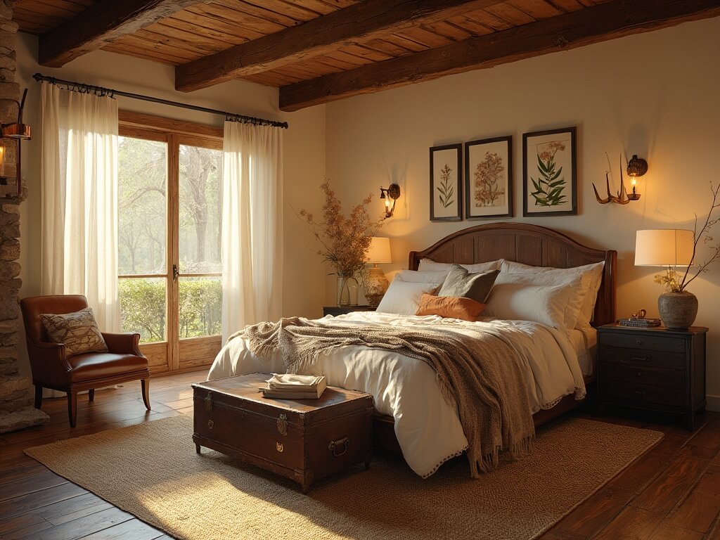 "Rustic bedroom with king-size barn wood bed, vintage armchair, stone fireplace and fabric accents bathed in golden hour sunlight"