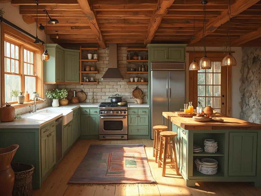 "Cozy rustic cabin kitchen with natural elements and morning light illuminating cedar cabinets, white quartz countertops, farmhouse sink, live-edge maple island, and stone accent wall with a wood-burning stove."