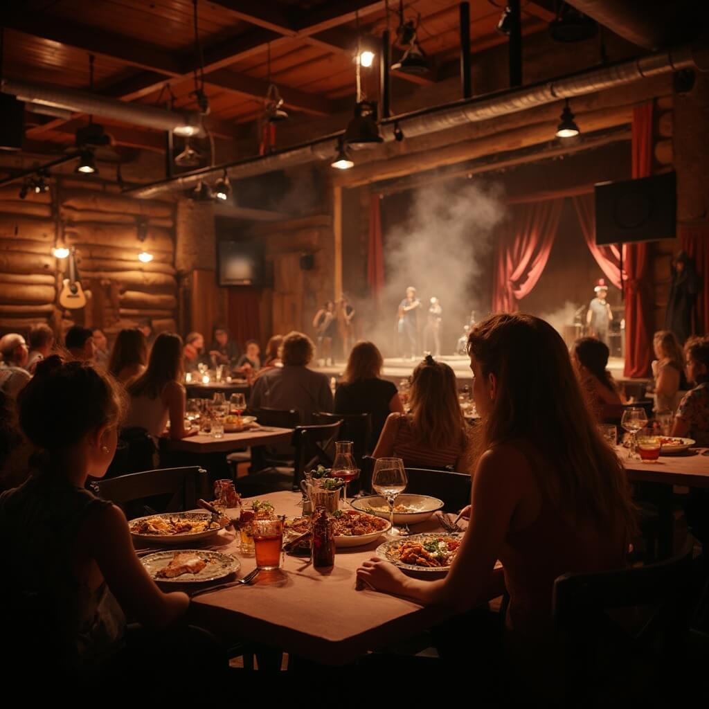 Rustic dinner theater venue with warm lighting, wooden beams, a stage with country-western instruments, semi-circle table arrangement with families enjoying meals while watching performances.