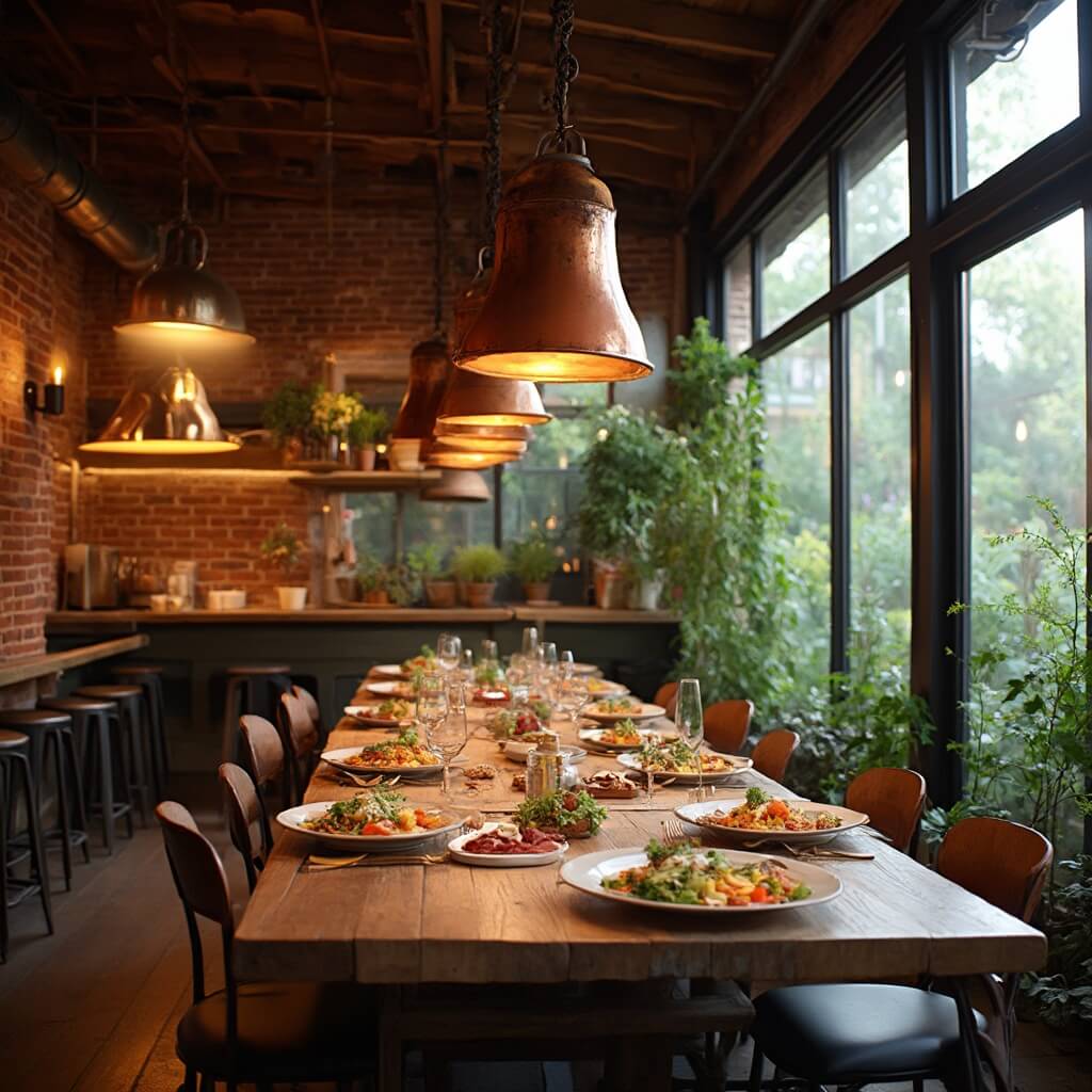 Interior of a farm-to-table restaurant with exposed brick walls and wooden beam ceilings, a chef's table with colorful seasonal dishes, hanging copper cookware, warm ambient lighting and a view of a garden through large windows.