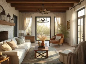 "Sunlit rustic farmhouse living room with cream linen sofa, whitewashed brick fireplace, reclaimed wood coffee table, and vintage Persian rug during golden hour."