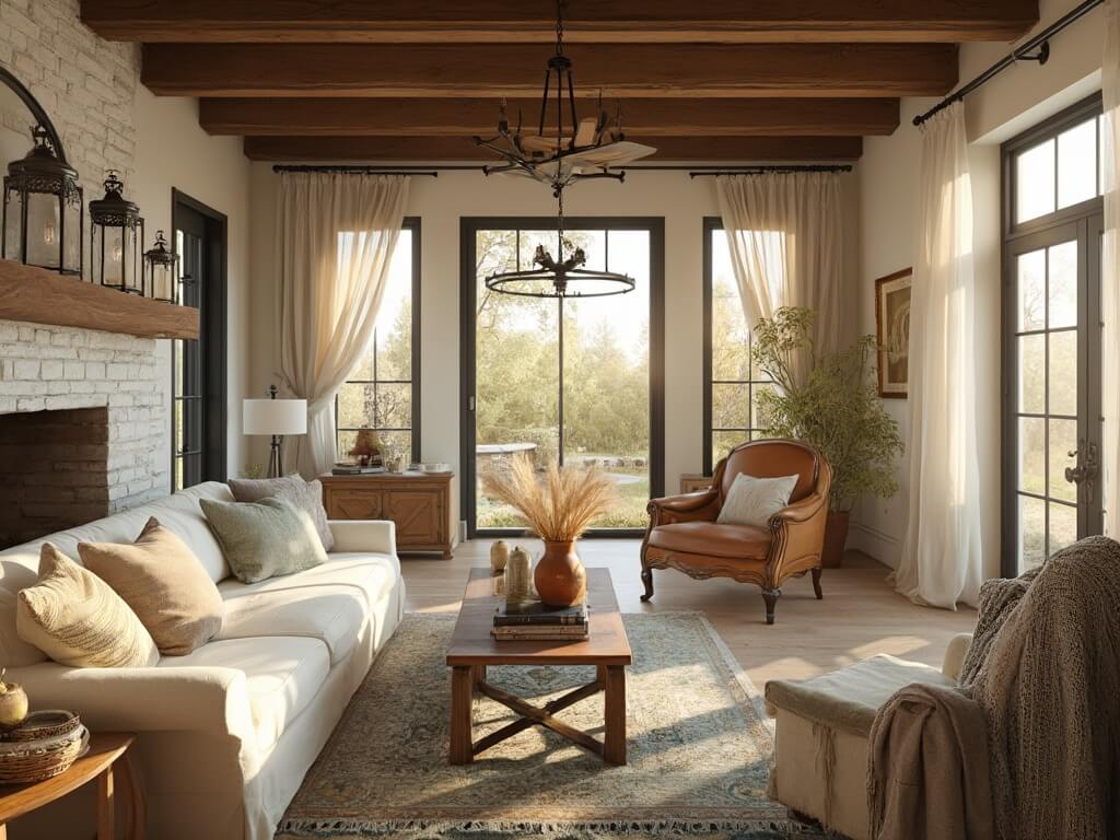 "Sunlit rustic farmhouse living room with cream linen sofa, whitewashed brick fireplace, reclaimed wood coffee table, and vintage Persian rug during golden hour."