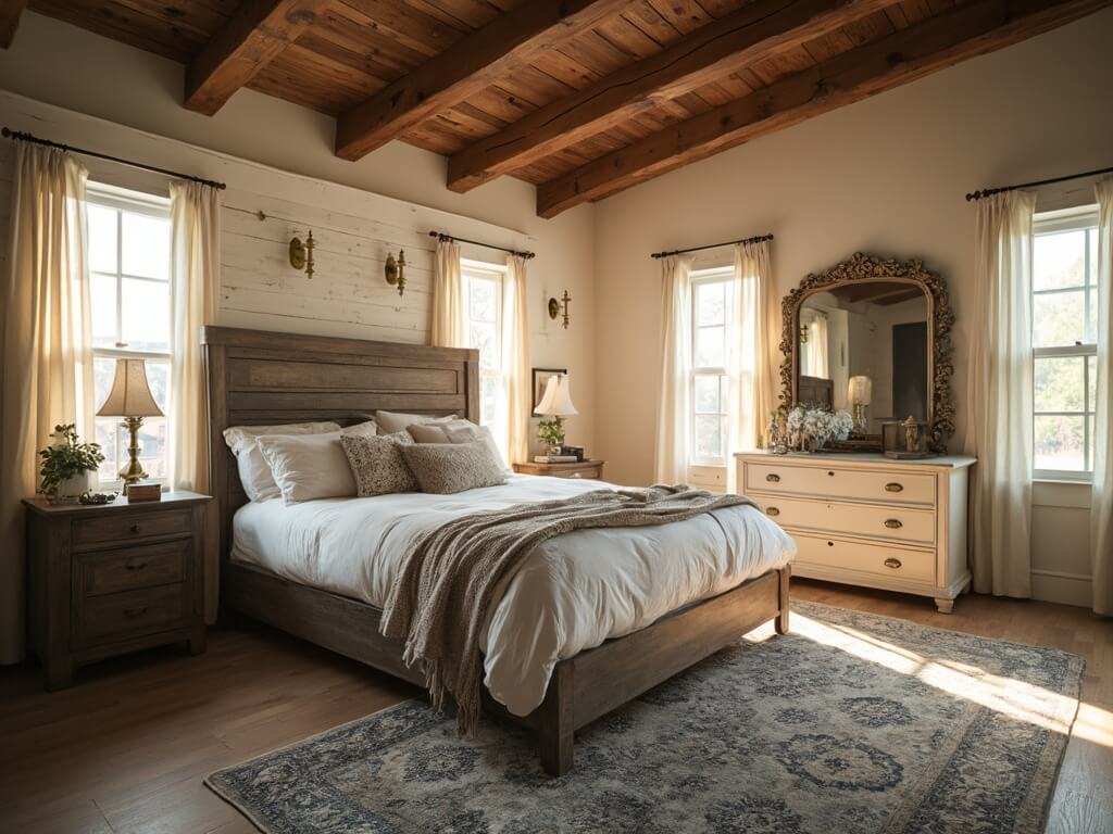 "Rustic farmhouse master bedroom with warm ambient light, king bed, vintage furnishings, and oak plank flooring"