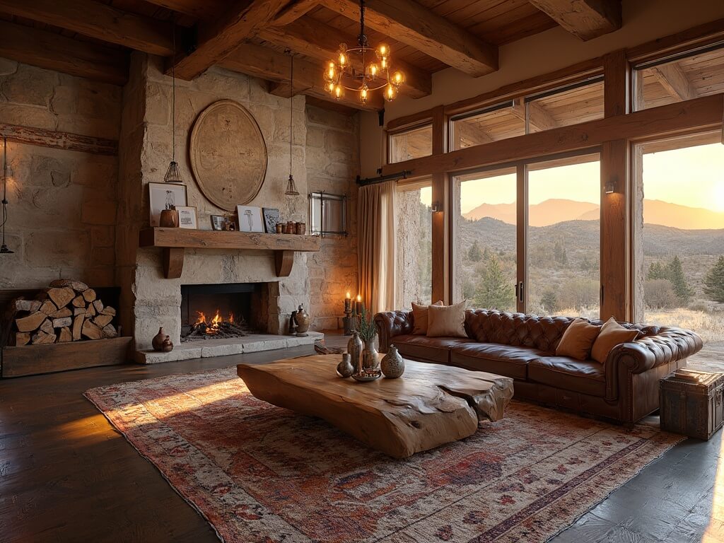 "Spacious rustic living room with stone fireplace and leather sofa at sunset in a mountain retreat"