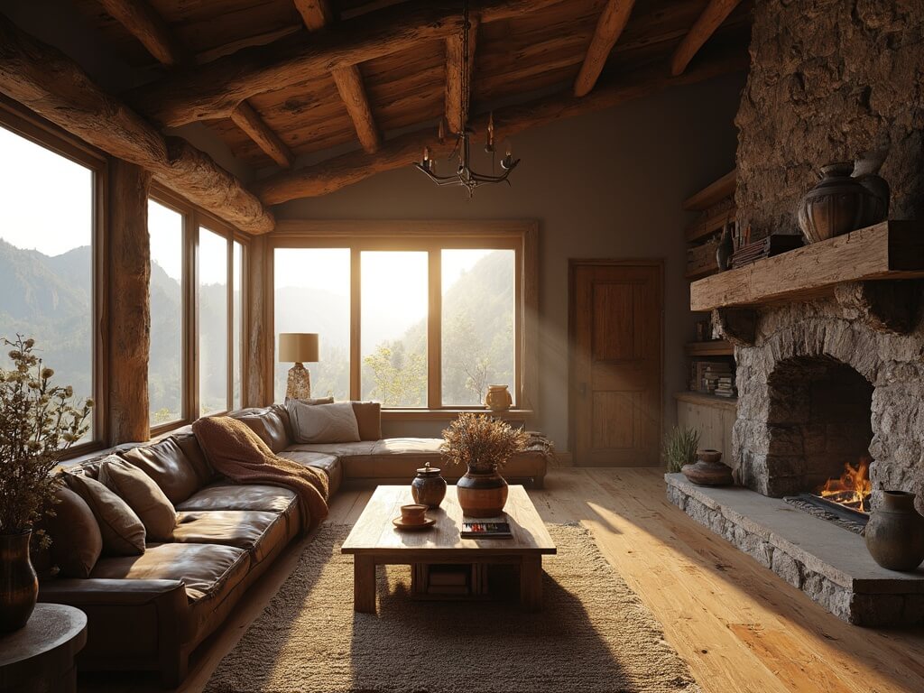 "Spacious mountain living room with exposed wooden beams, floor-to-ceiling windows, stone fireplace, and rustic decor during golden hour"