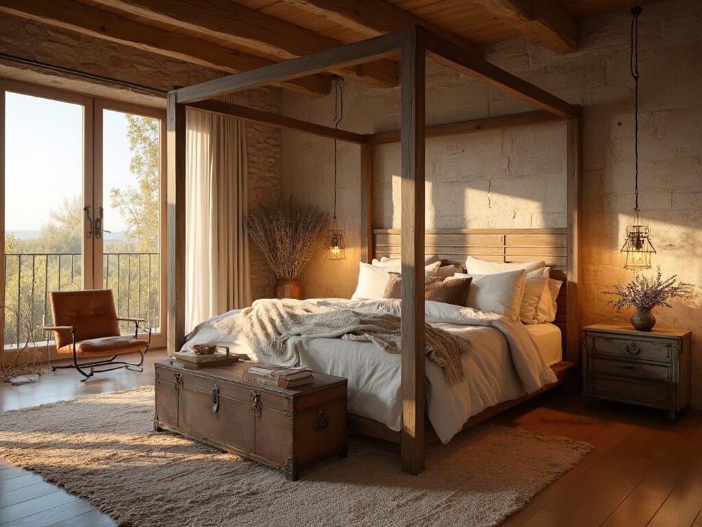 "Luxurious rustic primary bedroom with reclaimed timber bed, raw stone accent wall, exposed ceiling beams, vintage Persian rugs, and natural texture accents in golden hour sunlight."