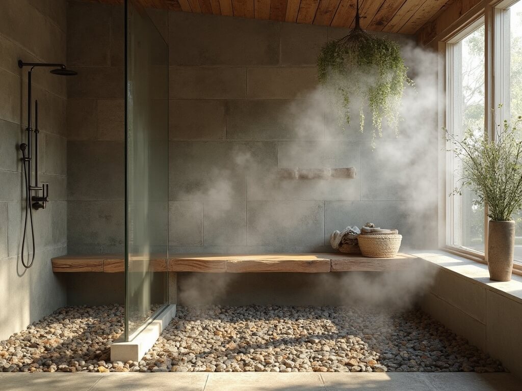 "Rustic walk-in shower with slate stone walls, pebble flooring, reclaimed barnwood bench, and bronze shower fixtures in soft morning light"