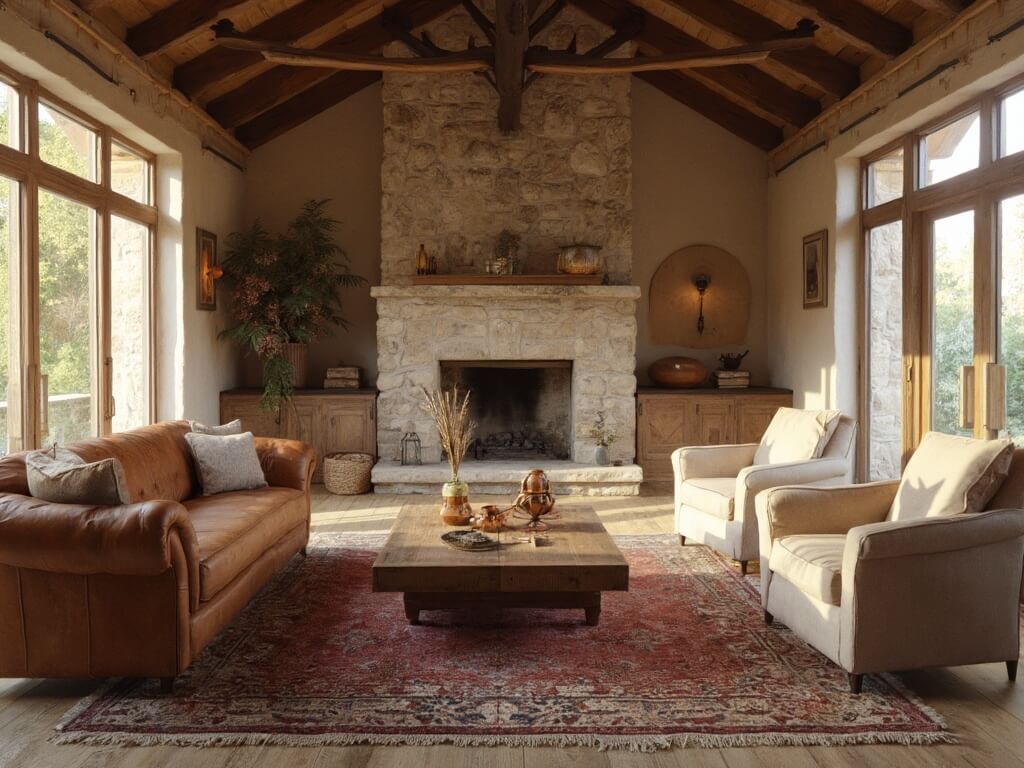 "Rustic living room with exposed wooden beams, stone fireplace, leather Chesterfield sofa, linen armchairs, and Persian rug bathed in golden sunlight"
