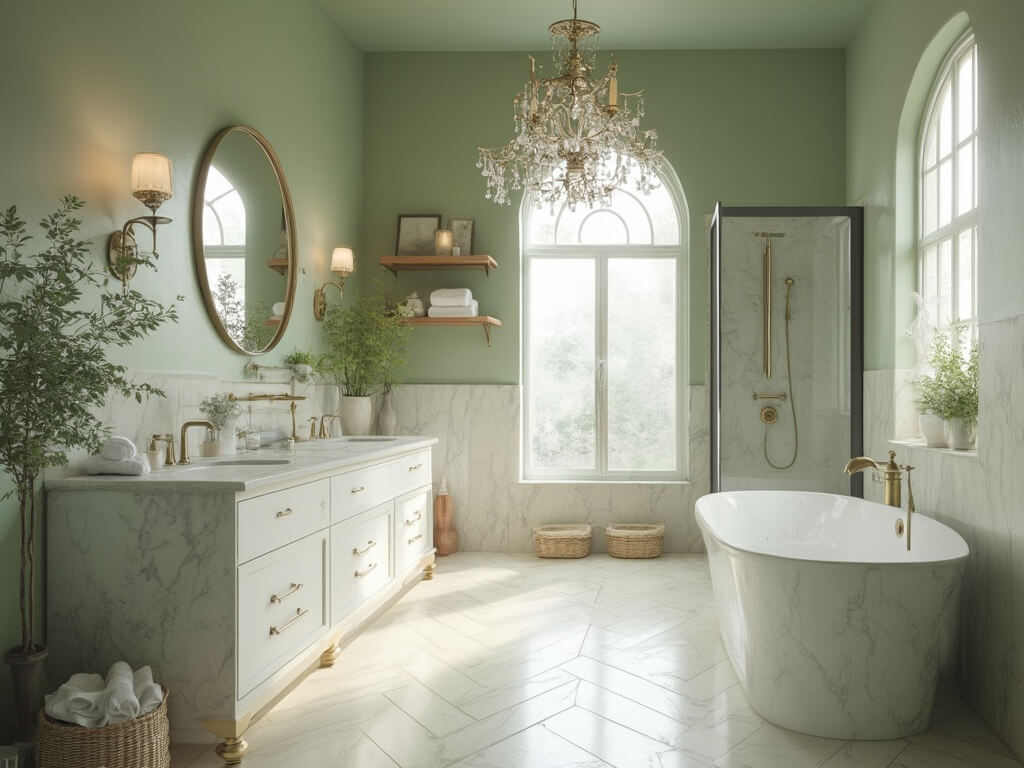 "Luxury sage green bathroom with white marble vanity, soaking tub, and herringbone flooring in diffused morning light"