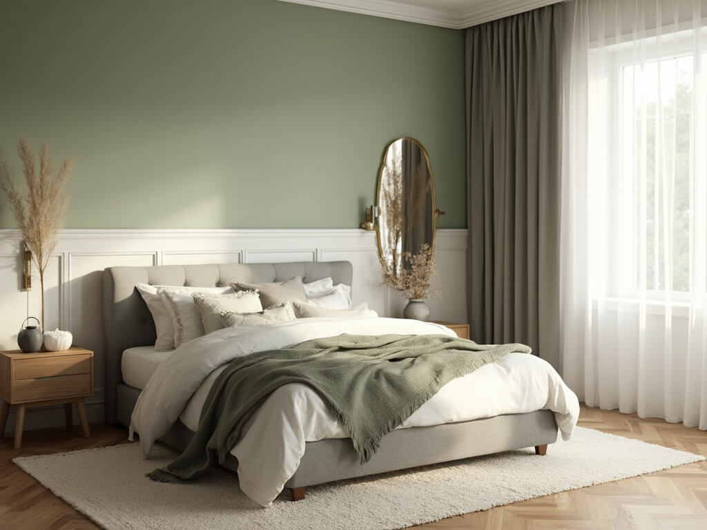 "Sage green and grey bedroom with queen-sized bed, brass wall sconces, oak flooring, and minimalist decor, bathed in morning light."