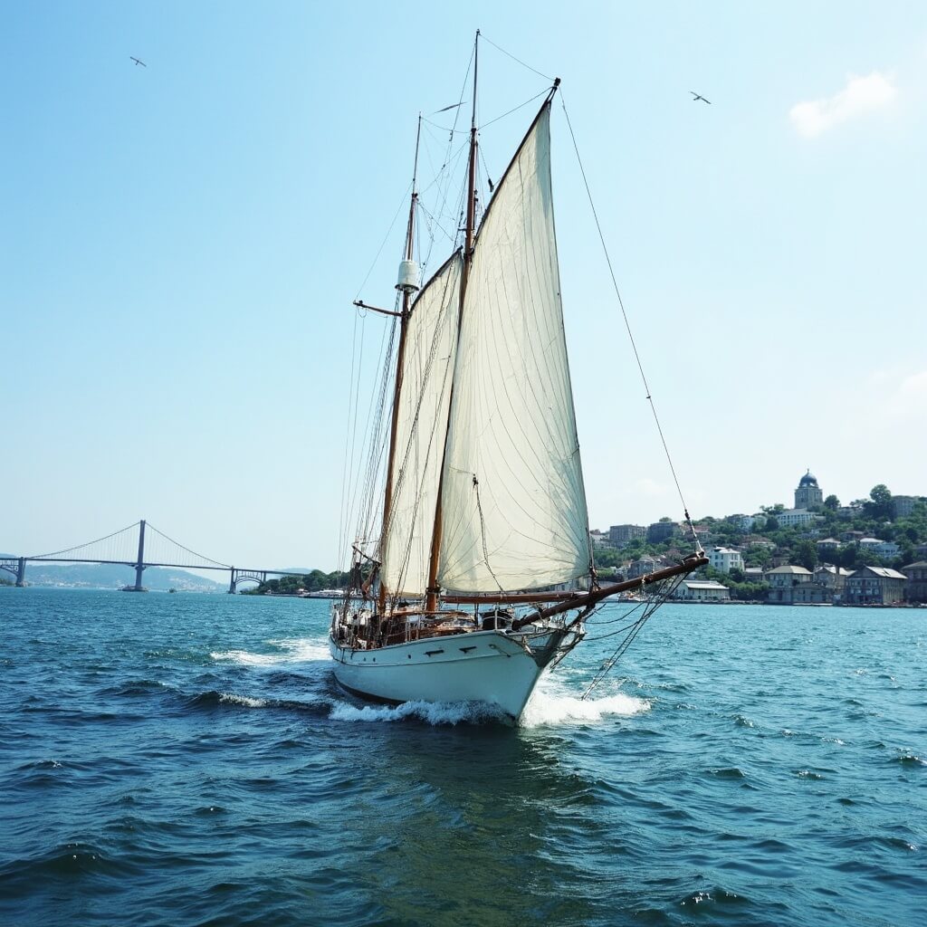 Classic wooden yacht with white sails on Narragansett Bay, with Newport landscape and bridge in the backdrop