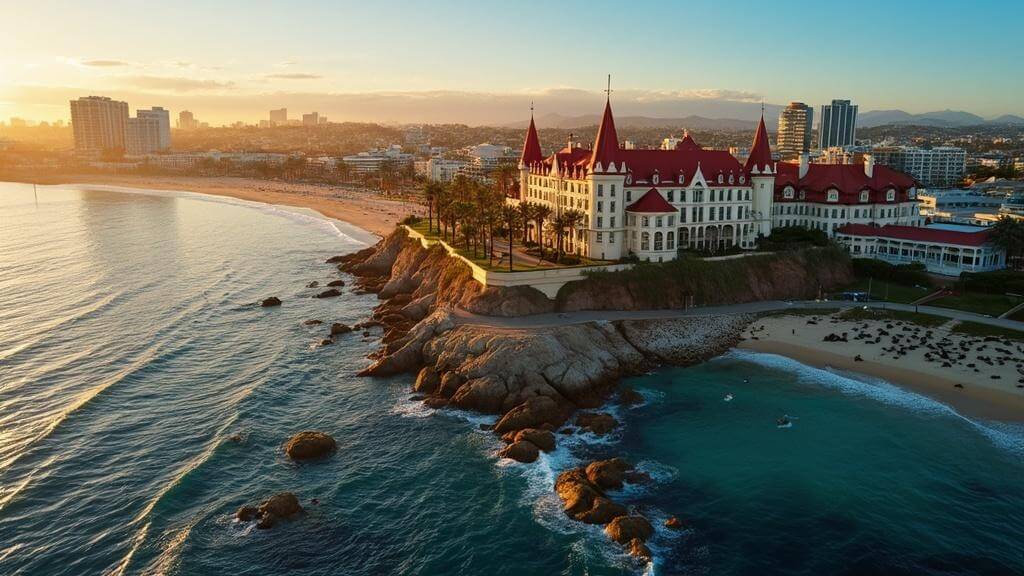 "Aerial panorama of San Diego's coastline featuring Hotel del Coronado, Balboa Park, La Jolla Cove, USS Midway Museum, and downtown skyline at golden hour"