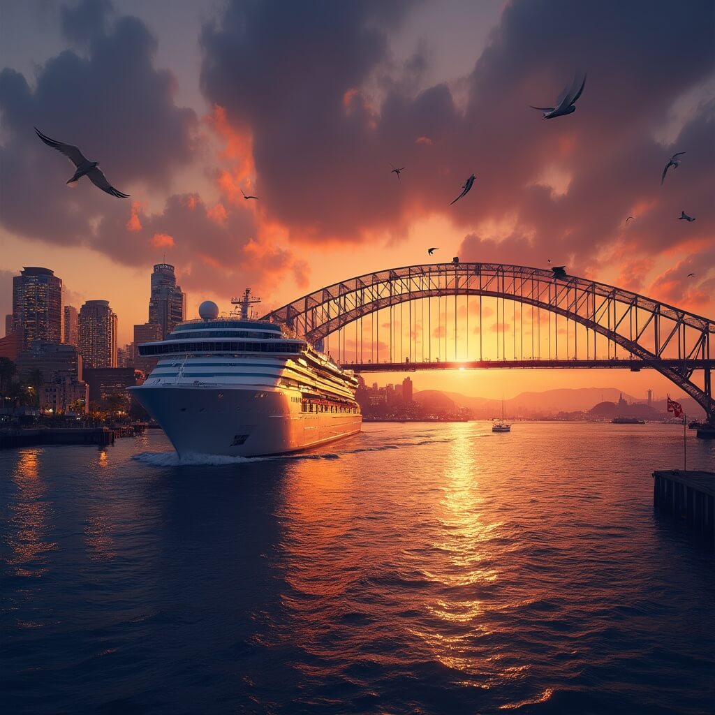 Cruise ship in San Diego harbor at sunset, with illuminated downtown skyline, silhouette of Coronado Bridge and seabirds against vibrant orange and purple sky