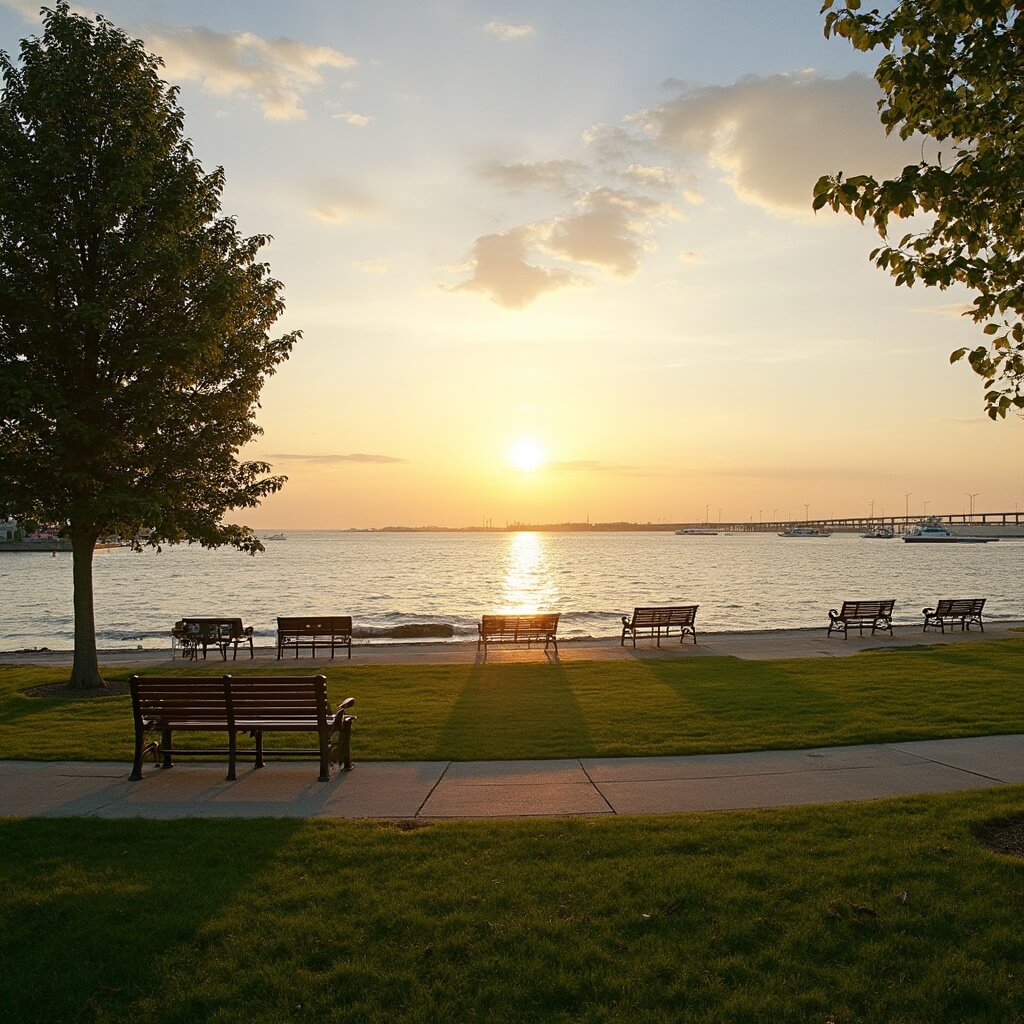 Waterfront park with manicured lawns and benches overlooking Sandusky Bay and Cedar Point Causeway during golden hour