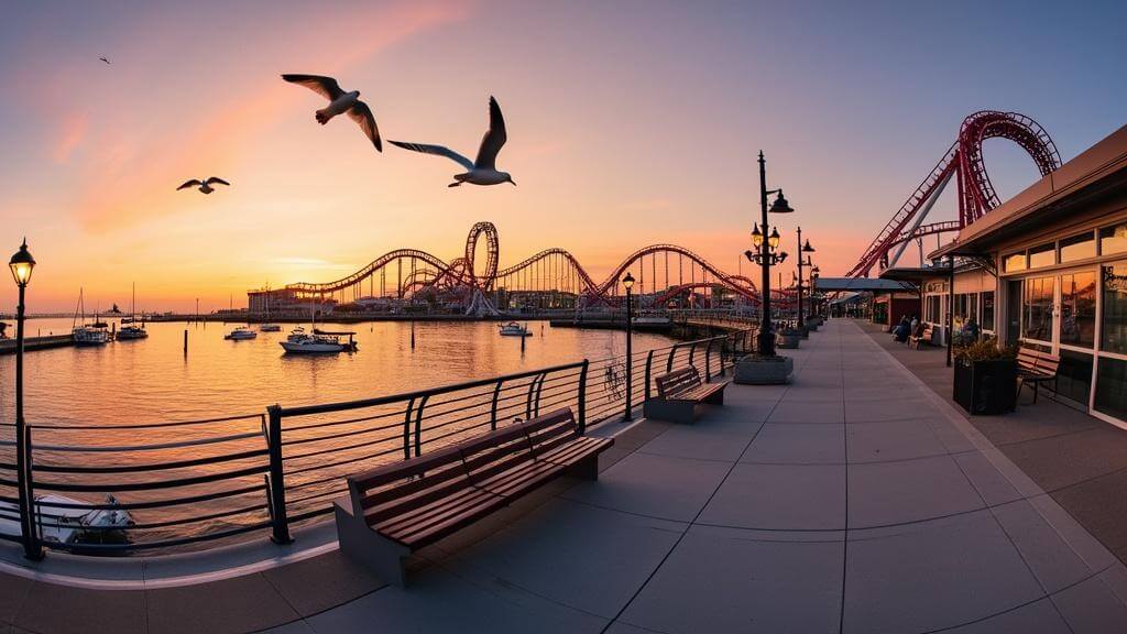"Sunset panorama of Sandusky's Jackson Street Pier with modern walkways, benches, marina with boats, Cedar Point roller coasters in the distance, and Lake Erie reflecting orange and pink sky."