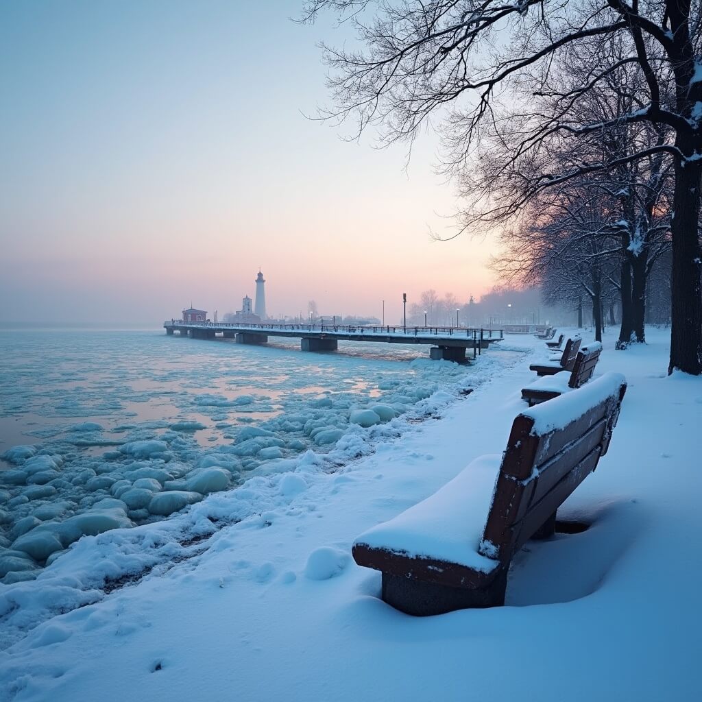 Winter dawn at Sandusky waterfront featuring ice formations on shoreline, snow-covered benches on pier, bare trees silhouetted against pastel sky, and a distant lighthouse partially hidden in morning mist.