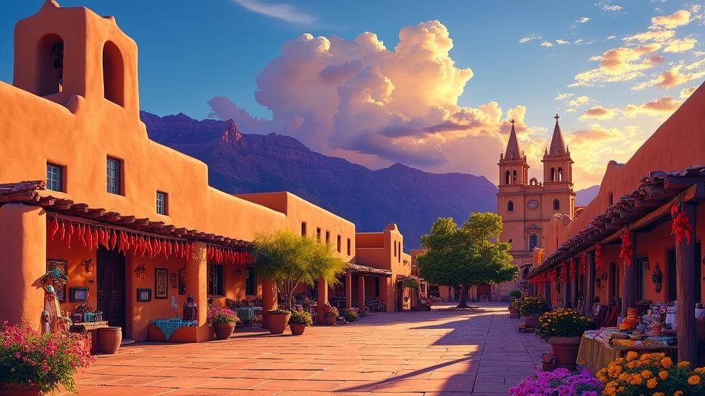 "Panoramic view of Santa Fe's historic plaza at sunset with adobe buildings, turquoise jewelry stalls, San Miguel Chapel in distance, chile peppers hanging from beams, and vibrant wildflowers."