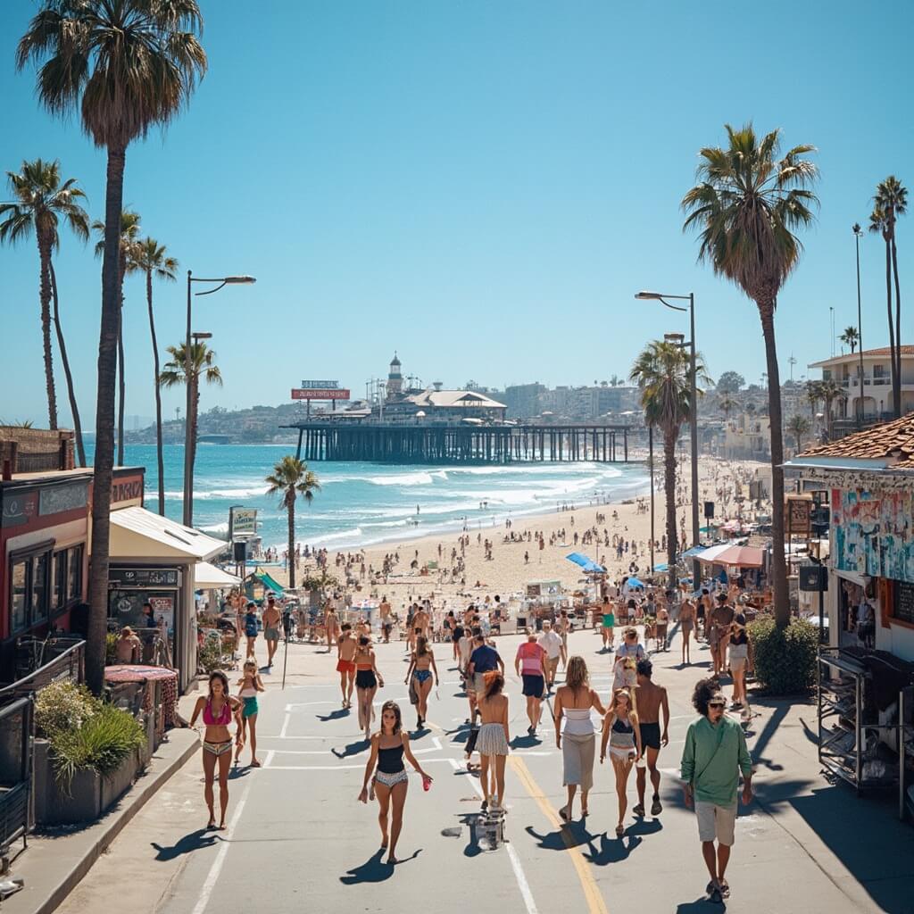 Vibrant street scene in Santa Monica with iconic pier, surfers, beach volleyball players and crowds enjoying the sunny oceanfront showcasing California beach culture