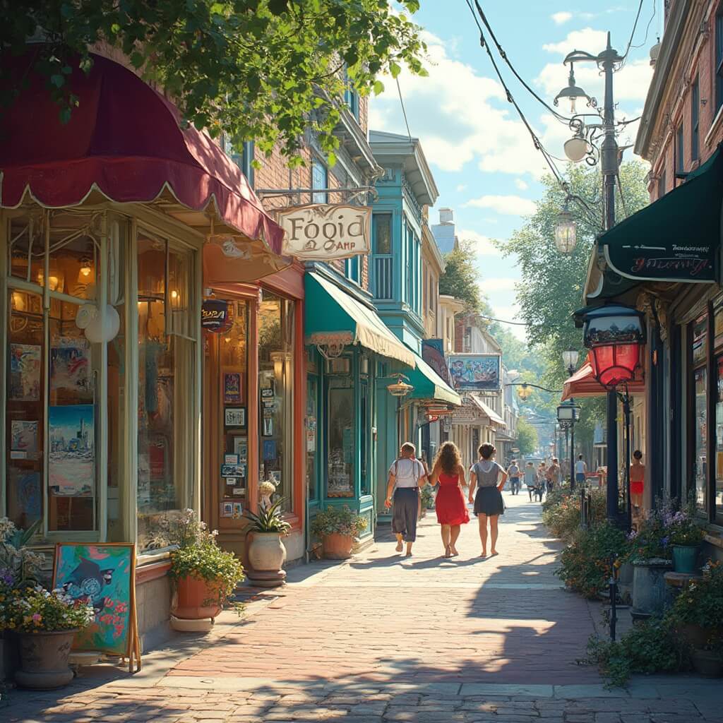 Early morning in Saugatuck with people strolling past colorful art galleries and storefronts, showcasing the charming architecture and artistic atmosphere of the vibrant downtown street