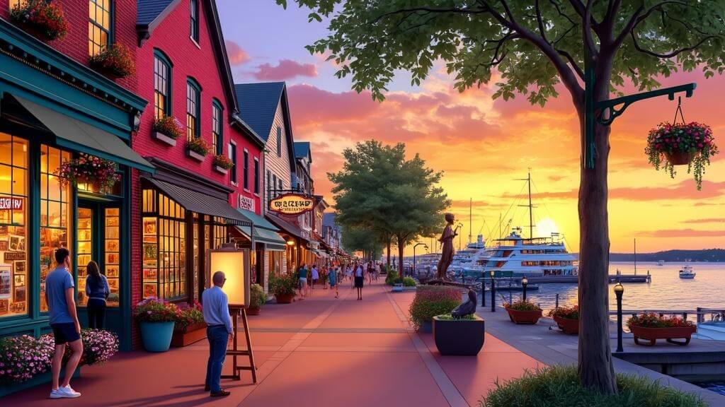 "Artist's easel capturing a colorful waterfront scene at sunset in Saugatuck's downtown, with art galleries, boutique shops, public sculptures, pedestrians, Lake Michigan and boats in the harbor."