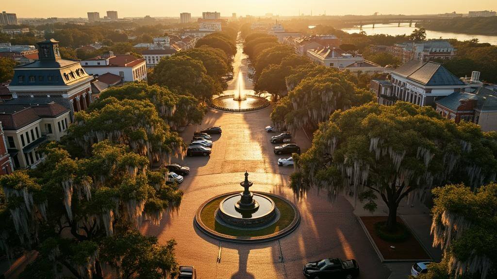 "Aerial view of historic Savannah featuring live oak trees, cobblestone streets, iconic squares, antebellum mansions, Forsyth Park's fountain, River Street and Savannah River at golden hour."