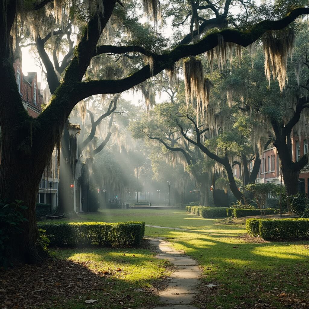 Savannah's historic district in morning light with Spanish moss draped oak trees and historic buildings in the background
