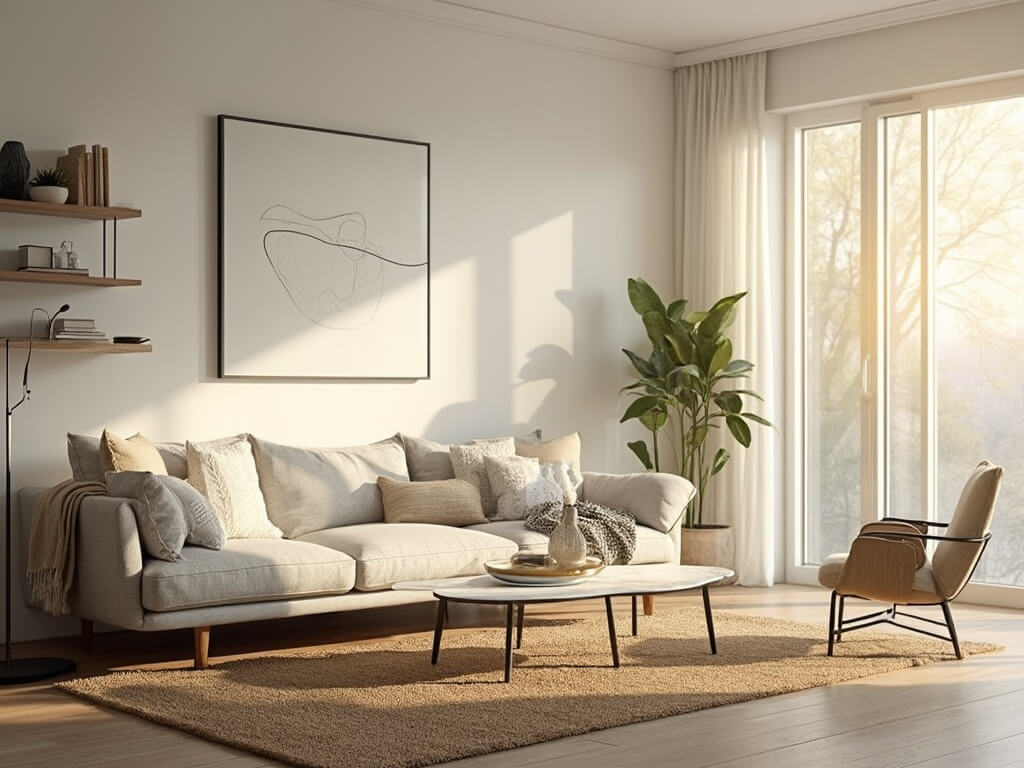 "Scandinavian living room bathed in golden hour light with a gray sofa, marble coffee table, black floor lamp, potted plants, and abstract wall art"