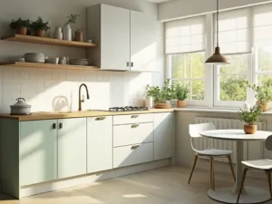 "Scandinavian-minimalist kitchen interior with white cabinets, sage green island, wooden shelves and morning light streaming in"