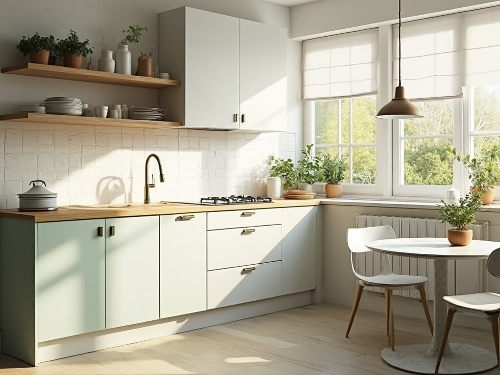 "Scandinavian-minimalist kitchen interior with white cabinets, sage green island, wooden shelves and morning light streaming in"