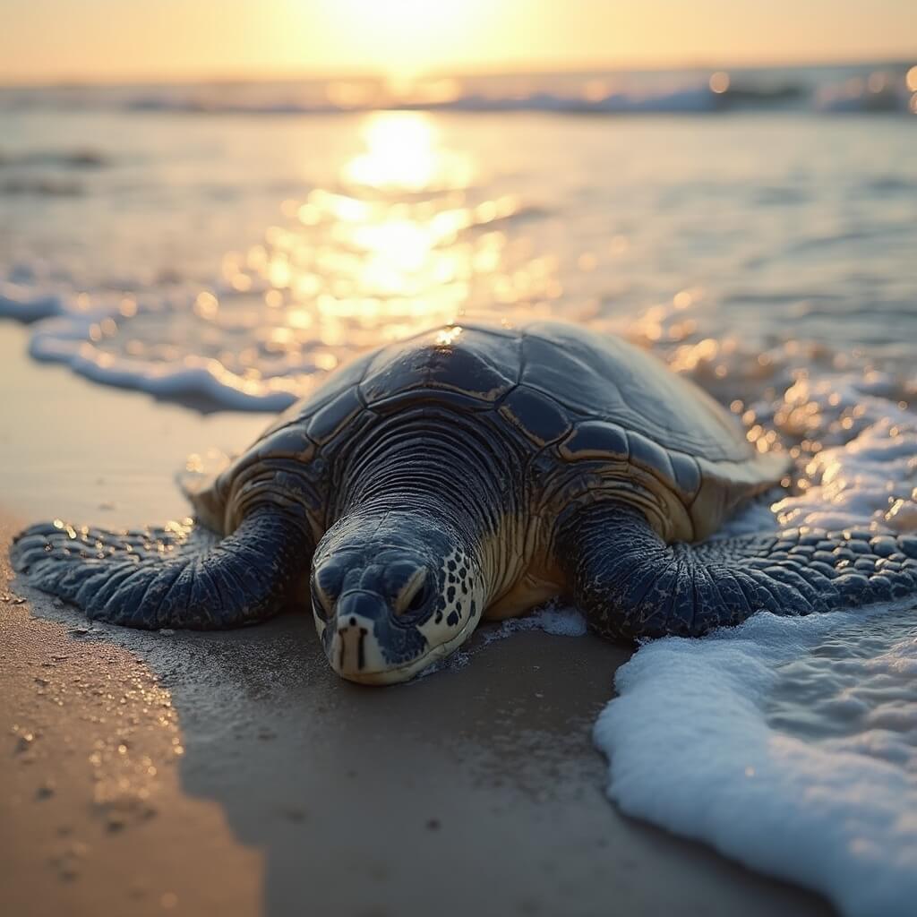 Rehabilitated sea turtle being released into the ocean at sunrise, featuring a close-up of its wet shell texture