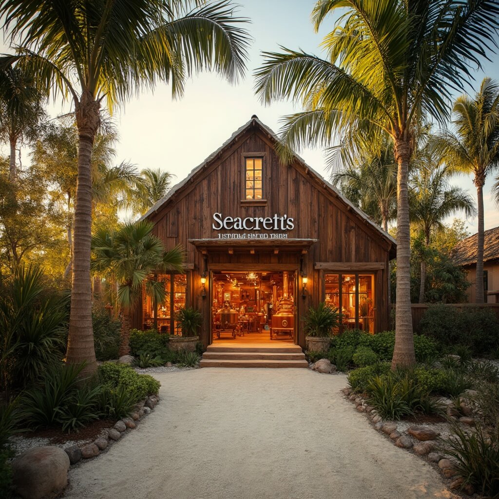 Caribbean-style Seacrets Distilling Company building at golden hour with palm trees, rustic wood, glowing windows, and visible copper still equipment