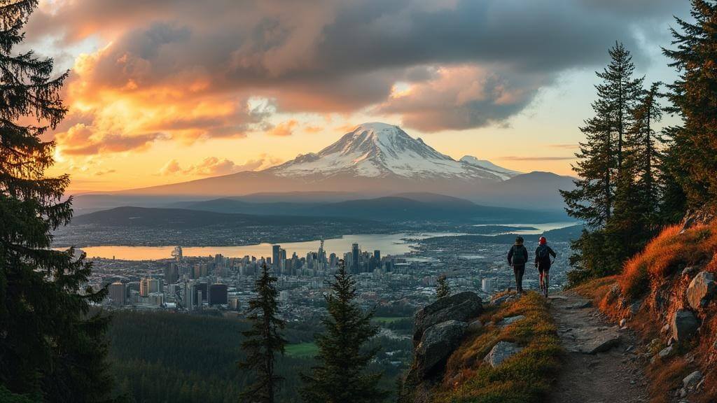 "Panoramic view of Mount Rainier at sunset, featuring hiker at Rattlesnake Ledge, kayaker on Lake Union with Space Needle in view, and bikers on Discovery Park Trails"