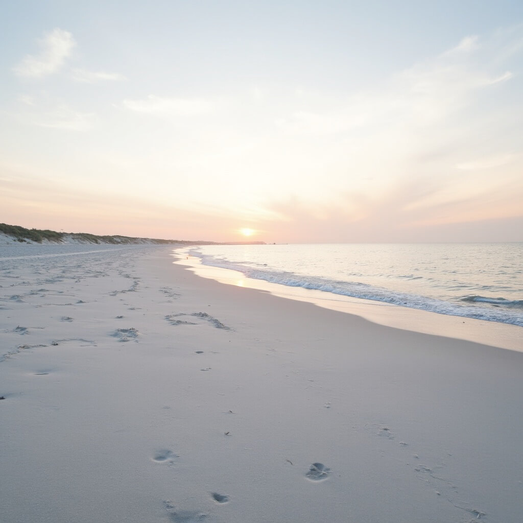 Pastel sunrise over tranquil sandy beach with gentle ocean waves lapping at the shoreline