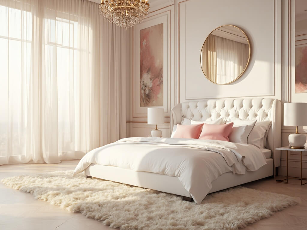 "Luxurious sunlit bedroom with king-sized bed, blush pink accents, and brass detailing"