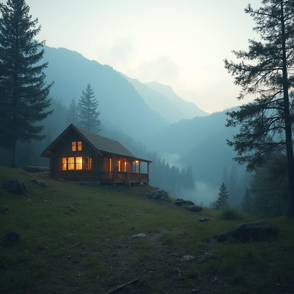 Serene mountain cabin surrounded by tall pine trees with misty Blue Ridge Mountains in the background and soft morning light filtering through the trees, creating a tranquil atmosphere