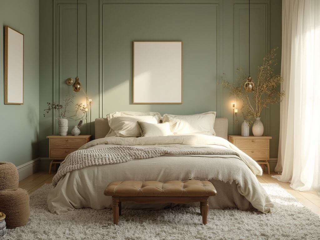 "Scandinavian-inspired serene sage bedroom with plush queen bed, oak furniture, and morning sunlight streaming through white curtains"