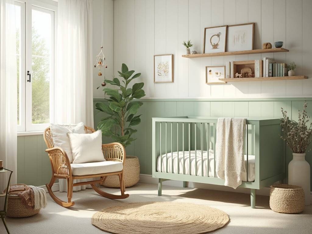 "Serene sage nursery with natural elements, soft morning light, and modern, organic décor."