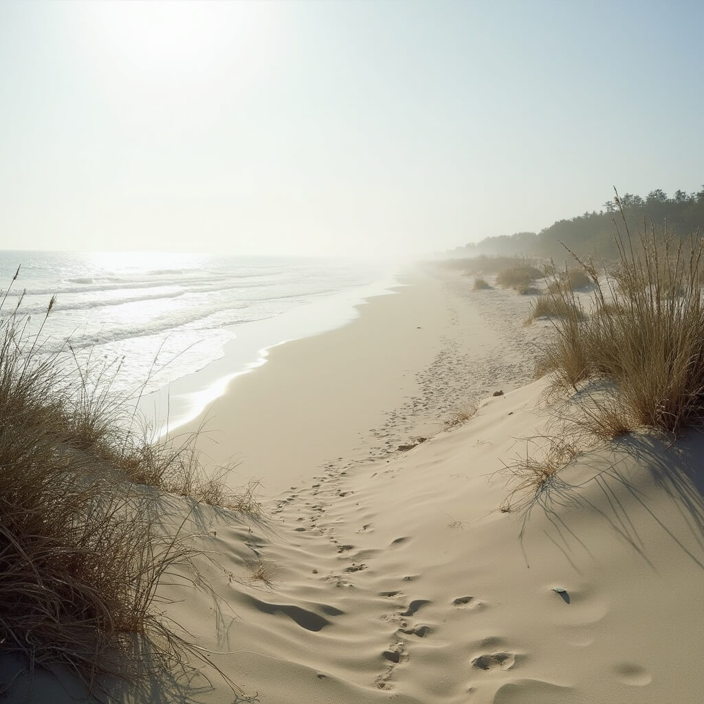 Serene early morning view of Sandbridge Beach with pristine sandy shores, gentle waves, and untouched coastal vegetation
