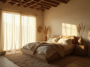 "Wabi-sabi styled bedroom with weathered oak platform bed, linen curtains filtering natural dawn light, and vintage oak nightstand with ceramic vase and pampas grass."